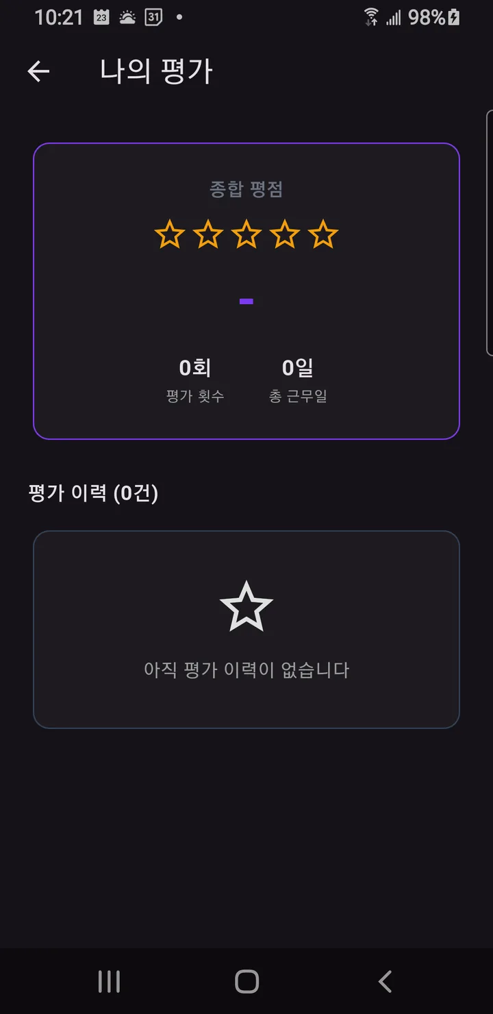 나의 평가 화면 — 종합 평점, 평가 횟수, 총 근무일, 평가 이력